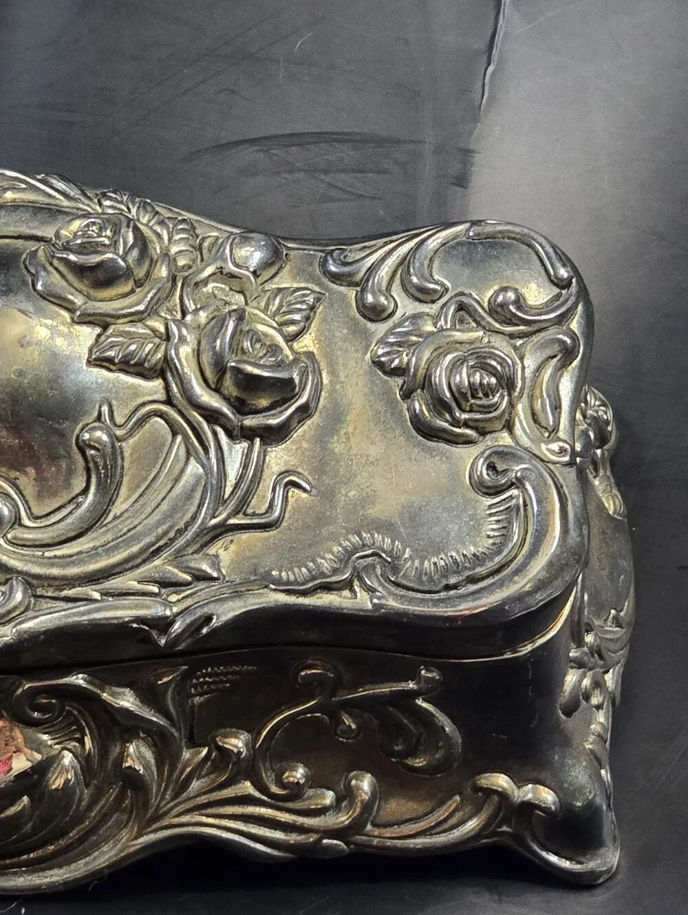 Vintage Art Nouveau Rose Silver Plated Jewelry Casket